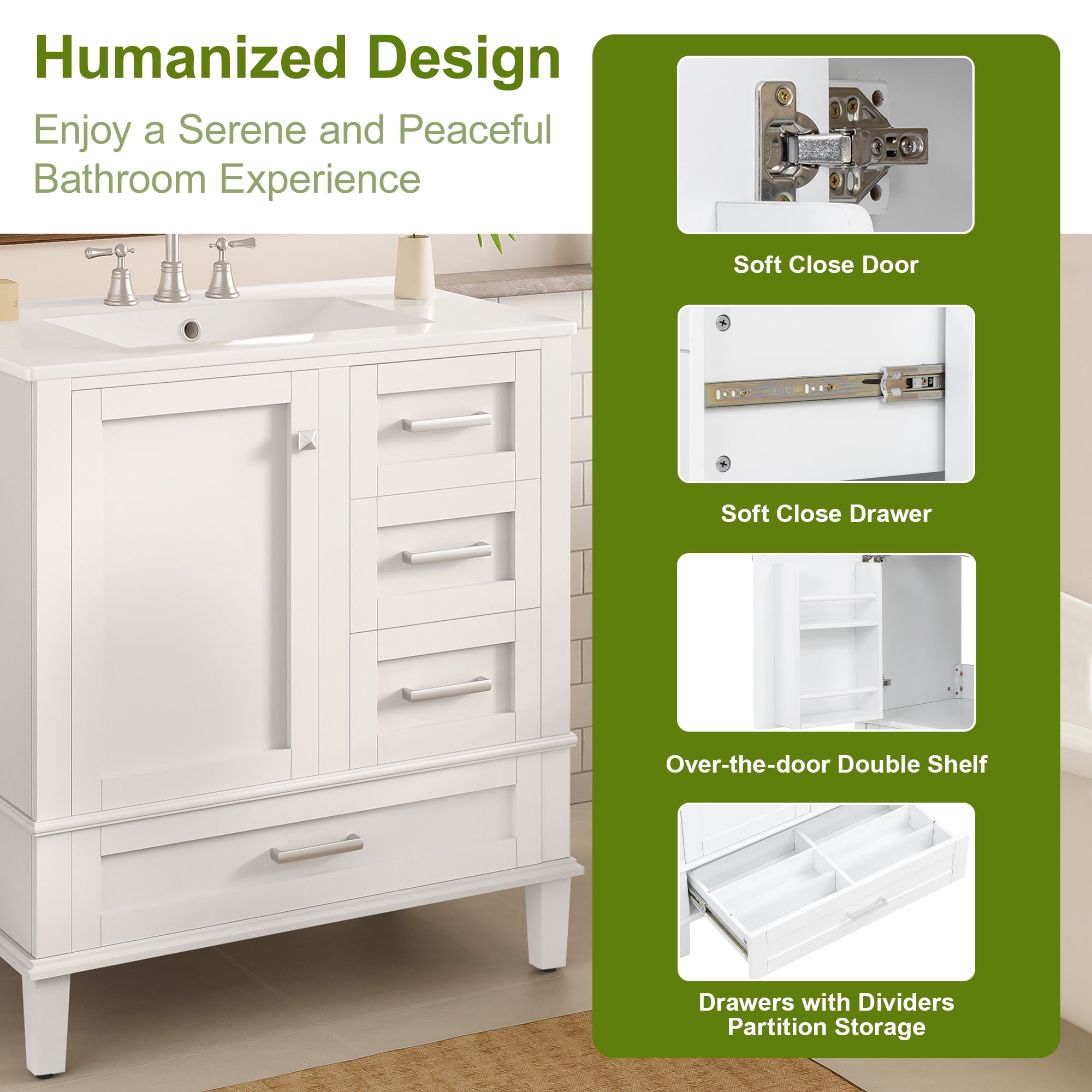 Euroco 30" Bathroom Vanity, Modern Bathroom Cabinet with Sink Combo Set, Bathroom Storage Cabinet with 1 Soft-Closing Door and 3 Soft-Closing Drawers, Solid Wood Frame (White)