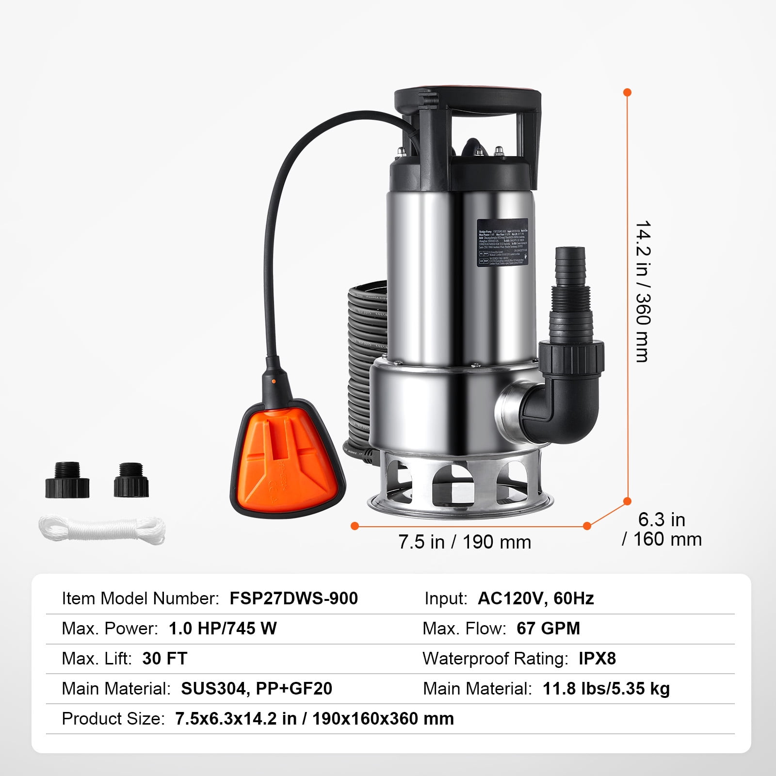 KFFKFF 1HP Submersible Pump, 4020GPH, 30FT Elevation, Stainless Steel for Clearing Water in Pools, Ponds, Basements, with 26FT Cord and Auto Float Switch
