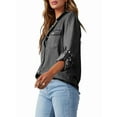 thumbnail image 3 of Women Button Down Denim Shirts Casual Long Sleeve V Neck Chambray Blouse Top Dark Gray L, 3 of 8