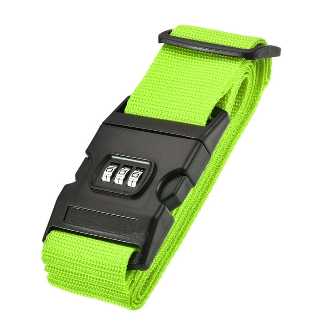 Unique Bargains Luggage Strap Suitcase Belt with Buckle, Combination Lock, 2Mx5cm Adjustable PP Travel Packing Accessory in light green. The strap is made of durable polypropylene material, features a solid combination lock for added security, and includes a label window for easy identification. Its bright color ensures quick spotting on airport conveyor belts.