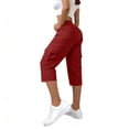 thumbnail image 5 of Cargo Capris for Women Casual Stretch Straight Leg Cargo Pants Loose High Waisted Button Cropped Trouser with Pocket Wine S, 5 of 6