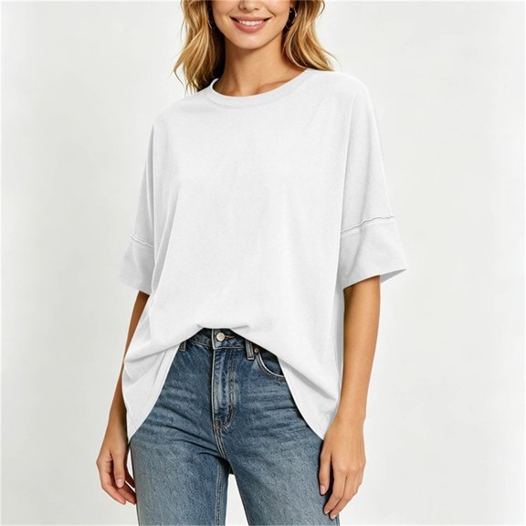 HOMBOM Short Sleeve Shirts for Women Pullover White Spring Solid Color Loose Young Womens T Shirts Crew Neck