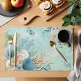 thumbnail image 2 of Teal Beach Coastal Placemats Set of 8 Summer Nautical Coral Shell Botanical Place Mats Indoor Wipeable Table Mats Washable Cloth Dining Table Placemats for Kitchen Holiday Party Home Decor 13x19 Inch, 2 of 9