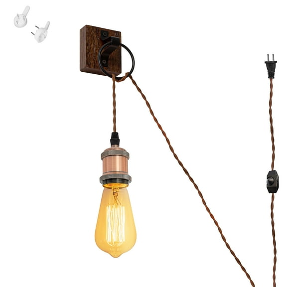 Kiven Industrial wall lamp with 8.2FT UL Plug in Cord, Vintage Dimmable Wall Lamp, Wooden Corner Light for Bathroom Kitchen Bedroom Wall Decor, Copper Red(1 Pack)