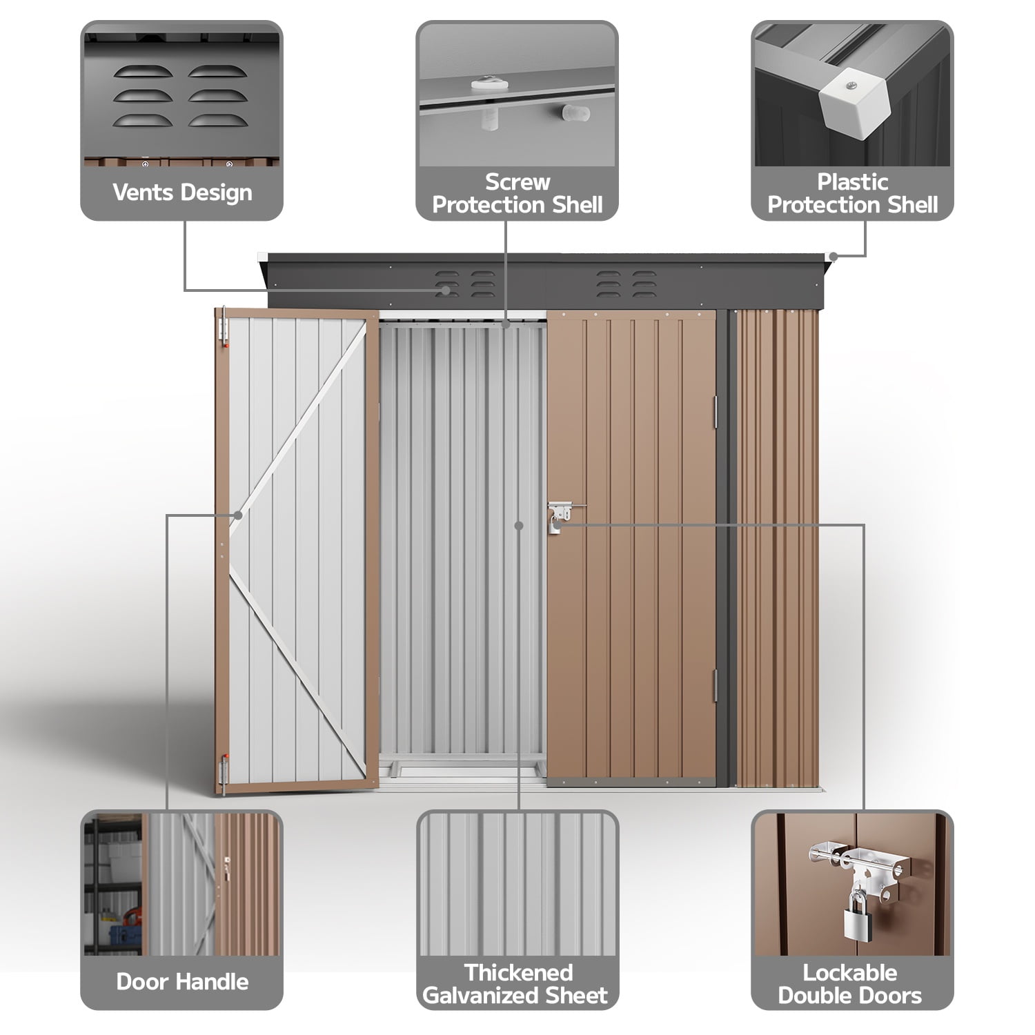 Asofer 6x4 FT Alloy Steel Outdoor Storage Shed, Double Lockable Door Utility Tool Shed, All Weather Metal Garden Shed, Brown