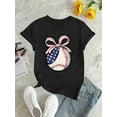 thumbnail image 2 of Women's Casual Baseball Bowknot Pattern T-Shirt - Geometric Design, Polyester Knit Fabric, Medium Stretch, Round Neck, Short Sleeve, Comfortable Summer Top, 2 of 5