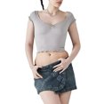 thumbnail image 2 of Biekopu Women Short Sleeve Crop Tops Solid Color Rib Knit V-Neck Summer Slim Fit Shirts Streetwear, 2 of 6