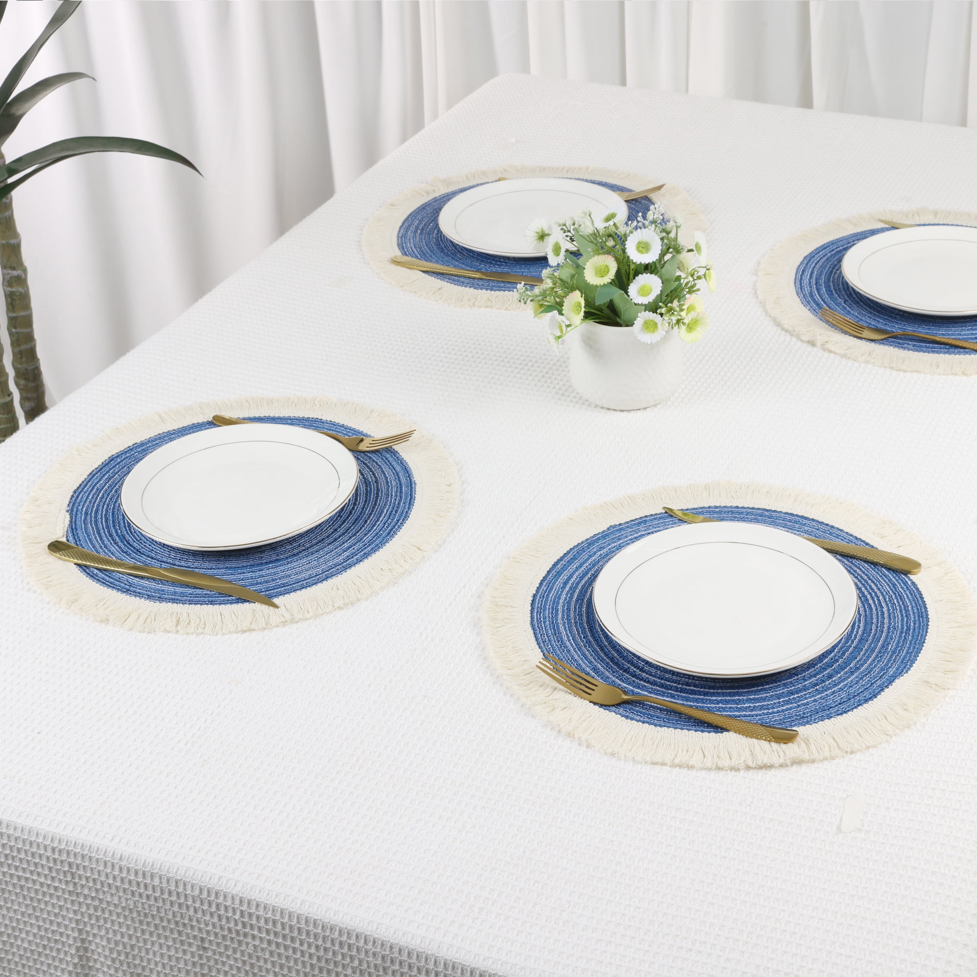 Unique Bargains Rustic Rattan Place Mats Set of 6 for Dining Table Decor Blue 15x15in