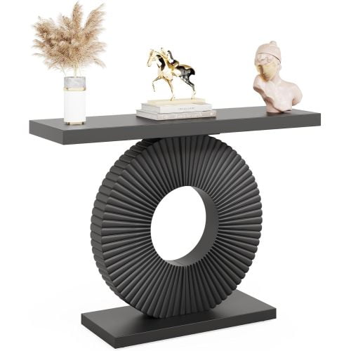 40" Modern Black Console Table with Sculptural Geometric Base - Slim Entryway, Sofa & Hallway Accent Table for Living Room
