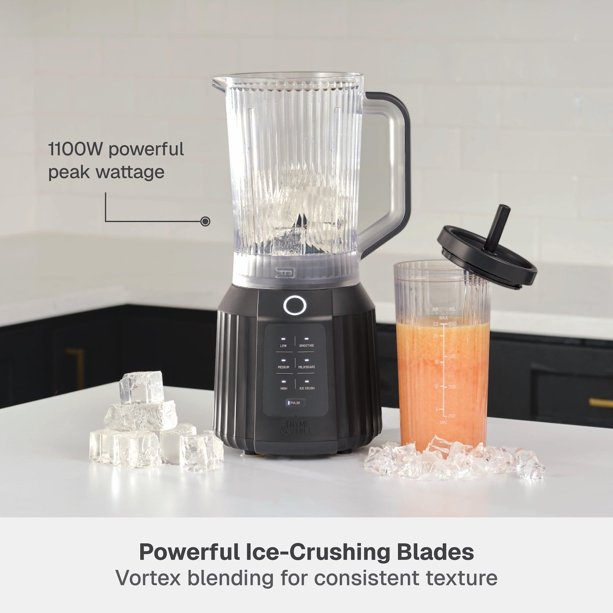 Thyme & Table Countertop Blender Duo, 1100W, 57oz Tritan Pitcher, 6-Point Stainless Steel Blade, 25oz To-Go Cup with Smart Seal™ Lid and Straw, Slate Grey