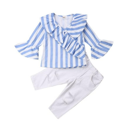 

Little Girls Striped Outfit Long Sleeve Ruffle Shirts Top and White Ripped Jeans