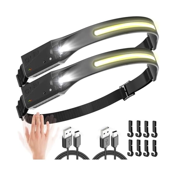 ZLCHeadlamp Rechargeable, 230° Wide Beam LED Headlamp 2 Pack, Head Lamps LED Rechargeable Super Bright, Motion Sensor Rechargeable Headlamp USB C, 5 Modes Hard Hat Light, Head Flashlight for Adults