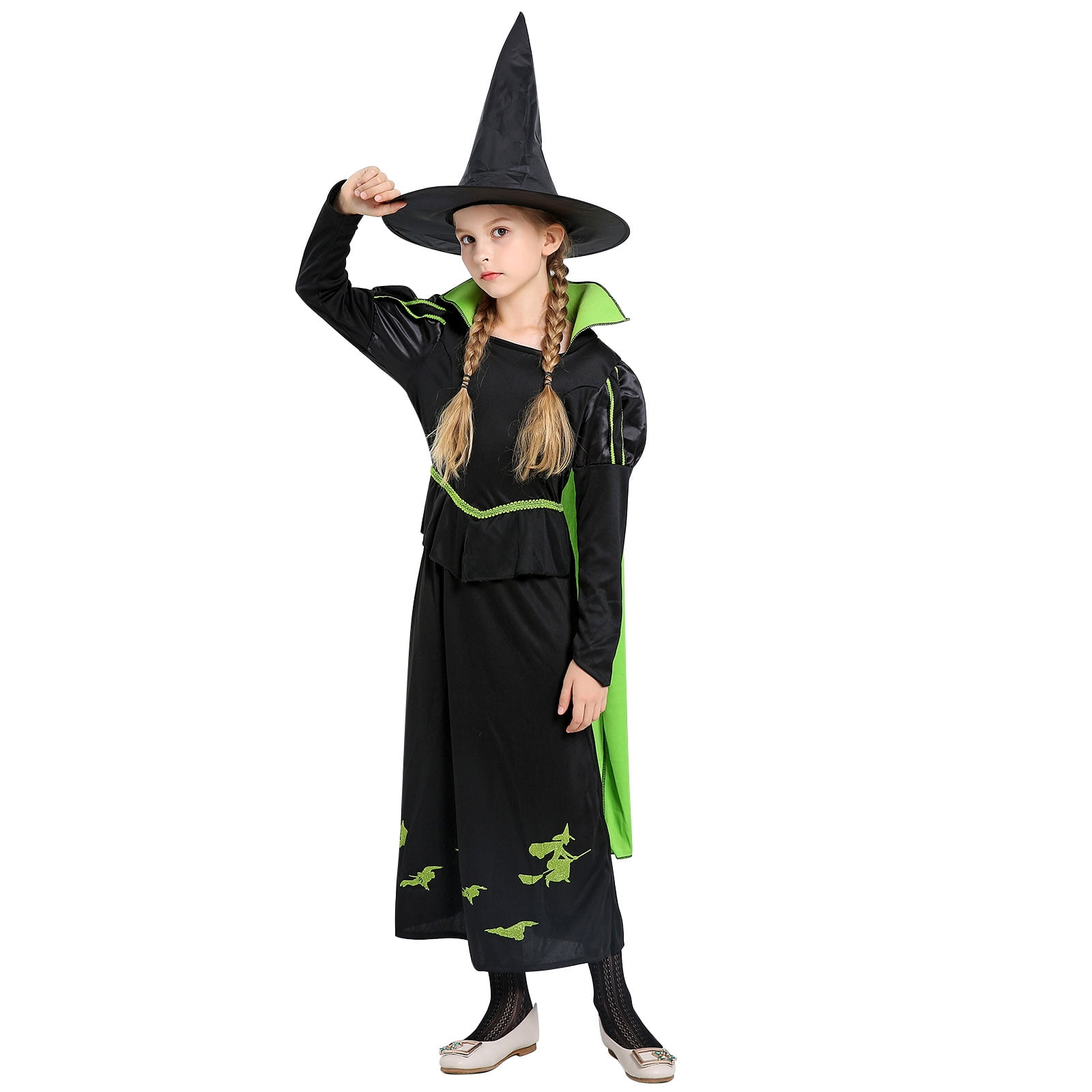 Long Grey Witch's Robe Cape & Hat Halloween Ladies Fancy Dress Costume 