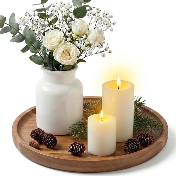10 Inch Round Coffee Table Decor Tray Round Wooden Candle Wood Trays for Coffee Home Decor Table Round Acacia Wood Serving Candle Tray for Living Room Small Centerpiece Tray