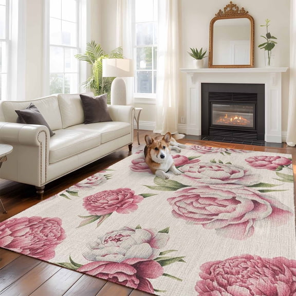 Vintage Pink Flower Large Area Rugs 5x8 ft Watercolor Floral Green Leaf Plant Country Washable Rug Non Slip Indoor Carpet Absorbent Floor Mat for Living Room Bedroom Dining Room