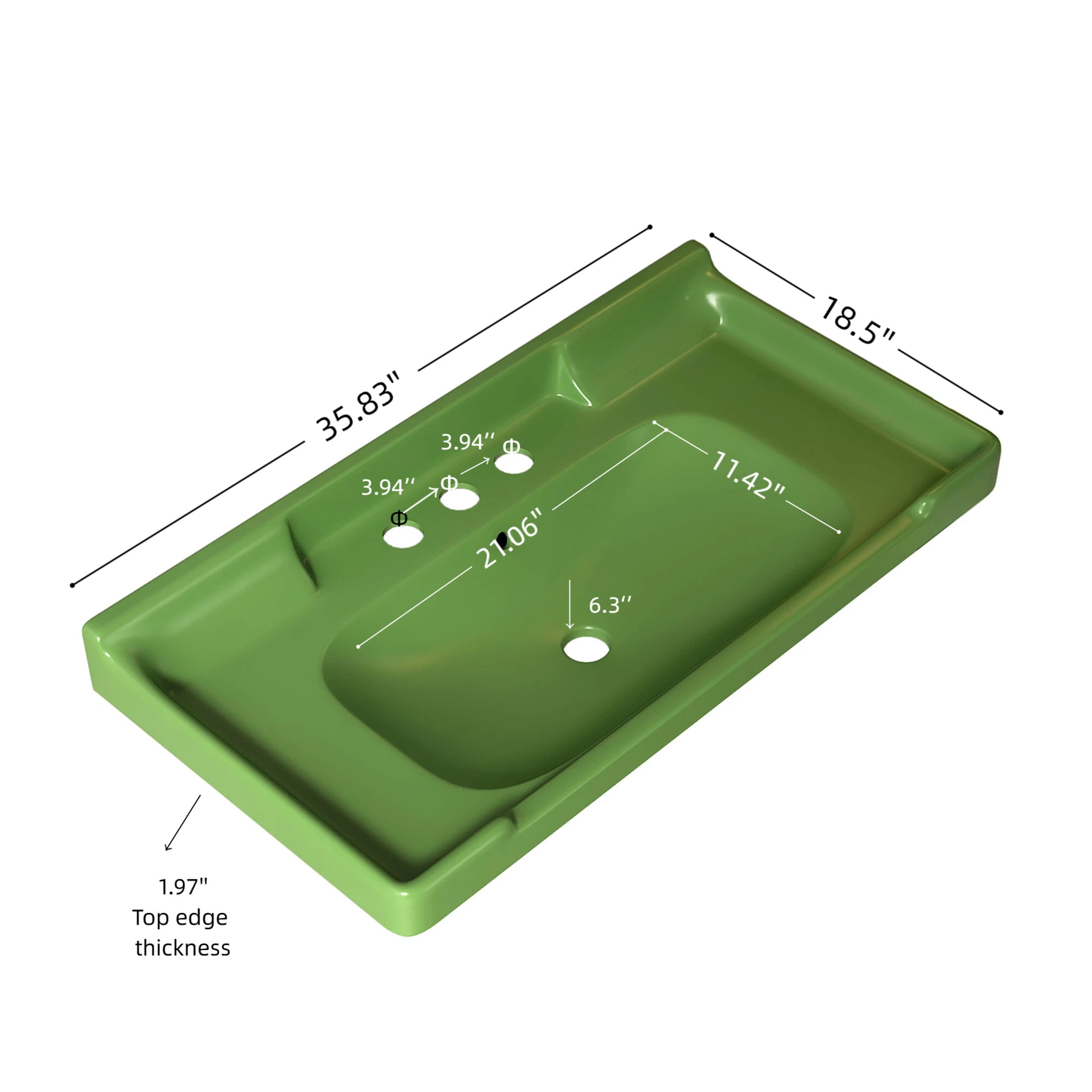 Noble House Vici 36" Bathroom Ceramic Basin Sink, 3 Faucet Holes with Wide Countertop Deck Toiletries Storage, Green