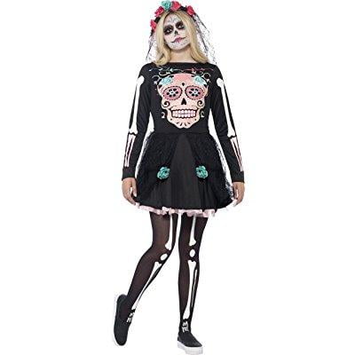 smiffy's teen girls' sugar skull sweetie costume, dress and headpiece, halloween, size xs, ages 14+, 44341