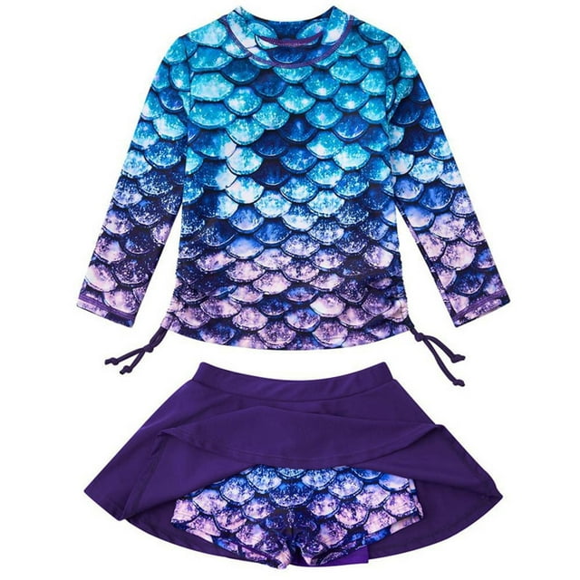 Hiiyo Toddler Girls Two Piece Swimsuit Quick Dry Long Sleeve Rashguard Skirt Bathing Suit