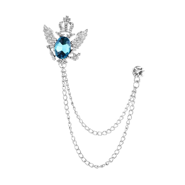 Broche de traje con cadena, prendedor de solapa, broche de águila de aleación, broche de solapa para hombre Plata y azul
