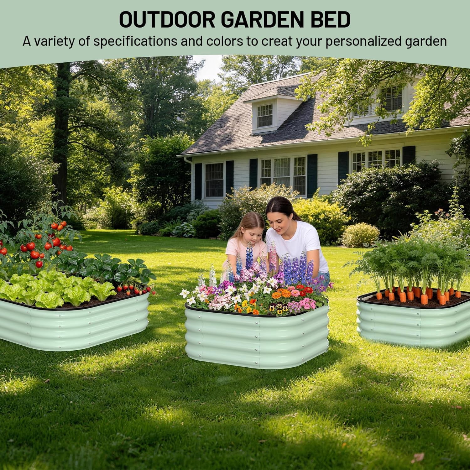 2 Pcs Galvanized Raised Garden Bed, Raised Garden Beds Outdoor, Squircle Planter Raised Beds with Gloves and Rubber Edge Trim for Vegetables, Flowers and Herbs, 2x2x1 FT, Green/Dark Grey
