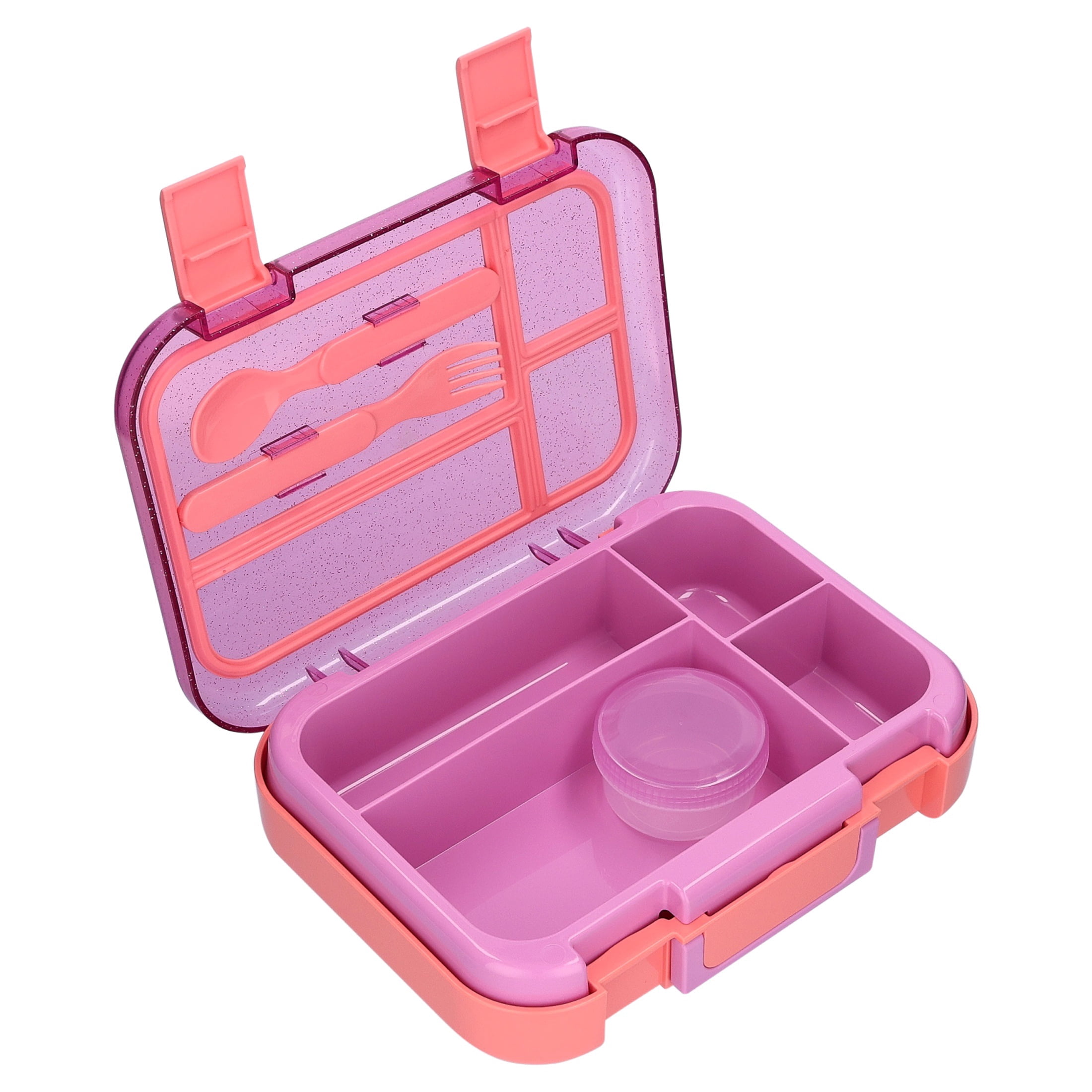 Mainstays Kids 4-Compartment Plastic Bento Box with Removable Tray, Fork, Spoon, and Dressing Container, Pink Glitter