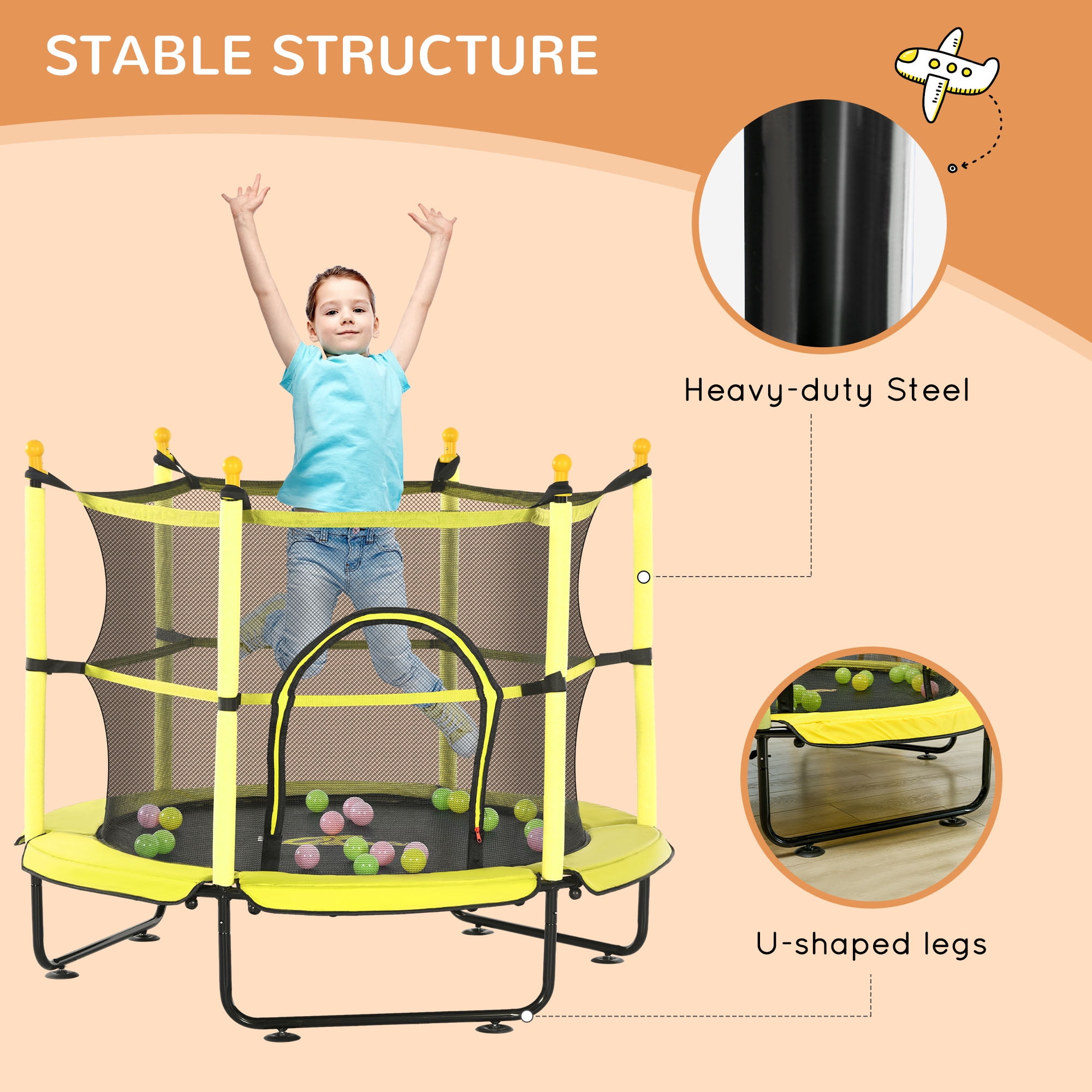55 Inch Kids Trampoline with Safety Enclosure Net & Ball Pit, 4.6' Toddler Rebounder Trampoline for Indoor Outdoor Use, U-Shaped Legs, Elastic Rope, for Ages 3-10