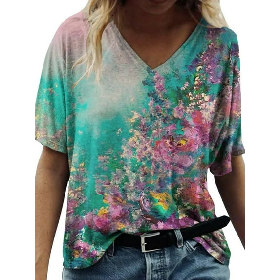 YAGHYAGH Womens Floral Short Sleeve V Neck Summer Baggy Blouse T-shirt Tops