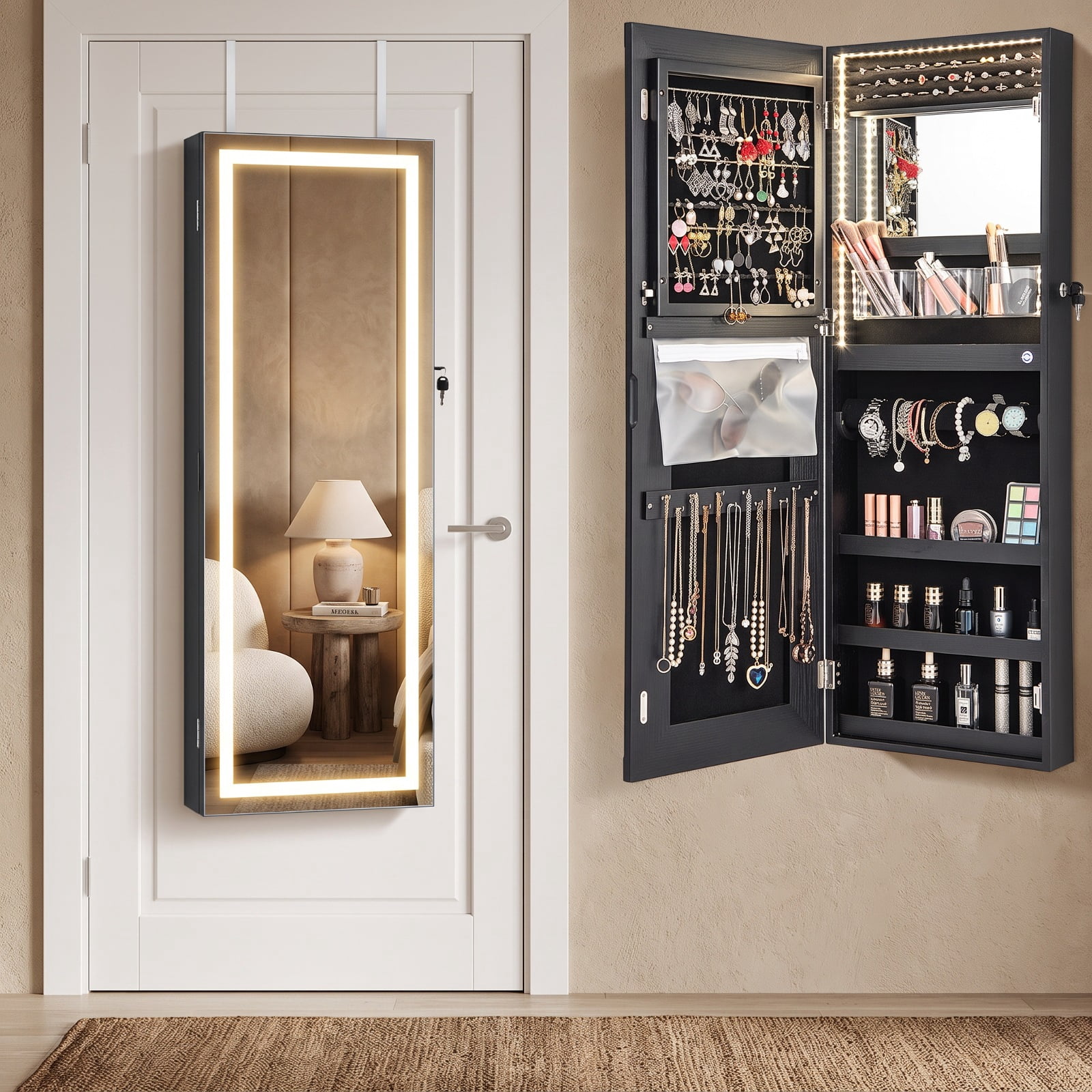 Furnibear 42.5 Inches Lockable Jewelry Mirror Wall Cabinet with 3-Color LED Lights for Bedroom Dressing Room Jewelry Necklace Rings Storage, Black