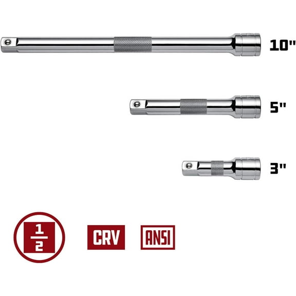 GHRTGR-3 Piece Socket Extension Bar Set, 1/2 Inch Drive, 3-inch, 5-inch, and 10-inch Bars, Knurled Non-Slip Grip 640846