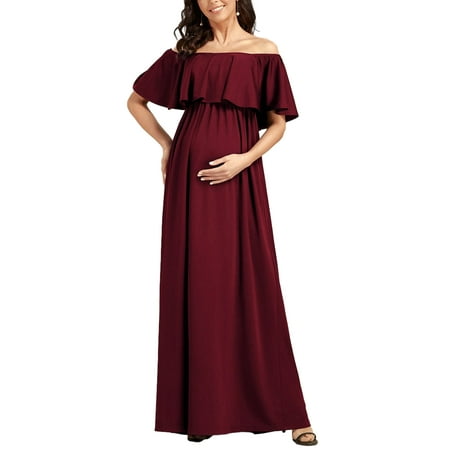 

Tsseiatte Women Maternity Off-Shoulder Dress Solid Color Ruffled Cual Long Dress for Photoshoot Pregnancy Clothes