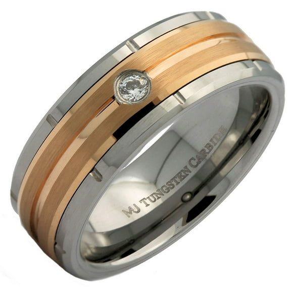 Metals Jewelry Unisex Tungsten Carbide 8mm Rose Gold Plated Grooved Center 2mm CZ Wedding Ring