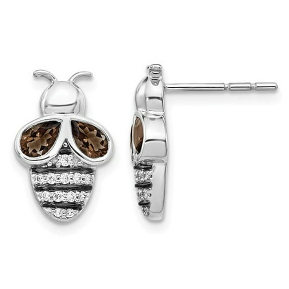 1/8 Carat (ctw I2-I3) Diamond Post Bumble Bee Earrings in 14K White Gold with Smoky Quartz