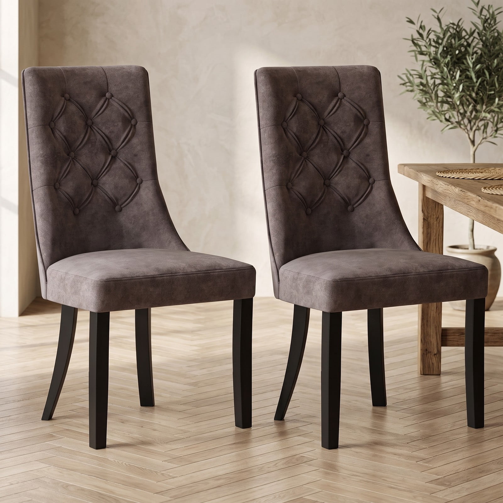 Furnibear Tufted Dining Chairs Set of 2, Upholstered Velvet Accent Side Chairs with High Backrest, Padded Seat and Rubber Wood Legs for Kitchen Living Room, Light Gray
