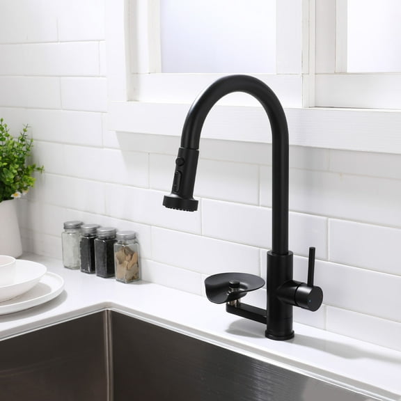 3-in-1 Kitchen Faucet with Press-Type Glass Rinser, High-Arc Pull-Down Sprayer Faucet, 3 Function Spray Mode, Matte Black Finish, for Modern Kitchen Sink