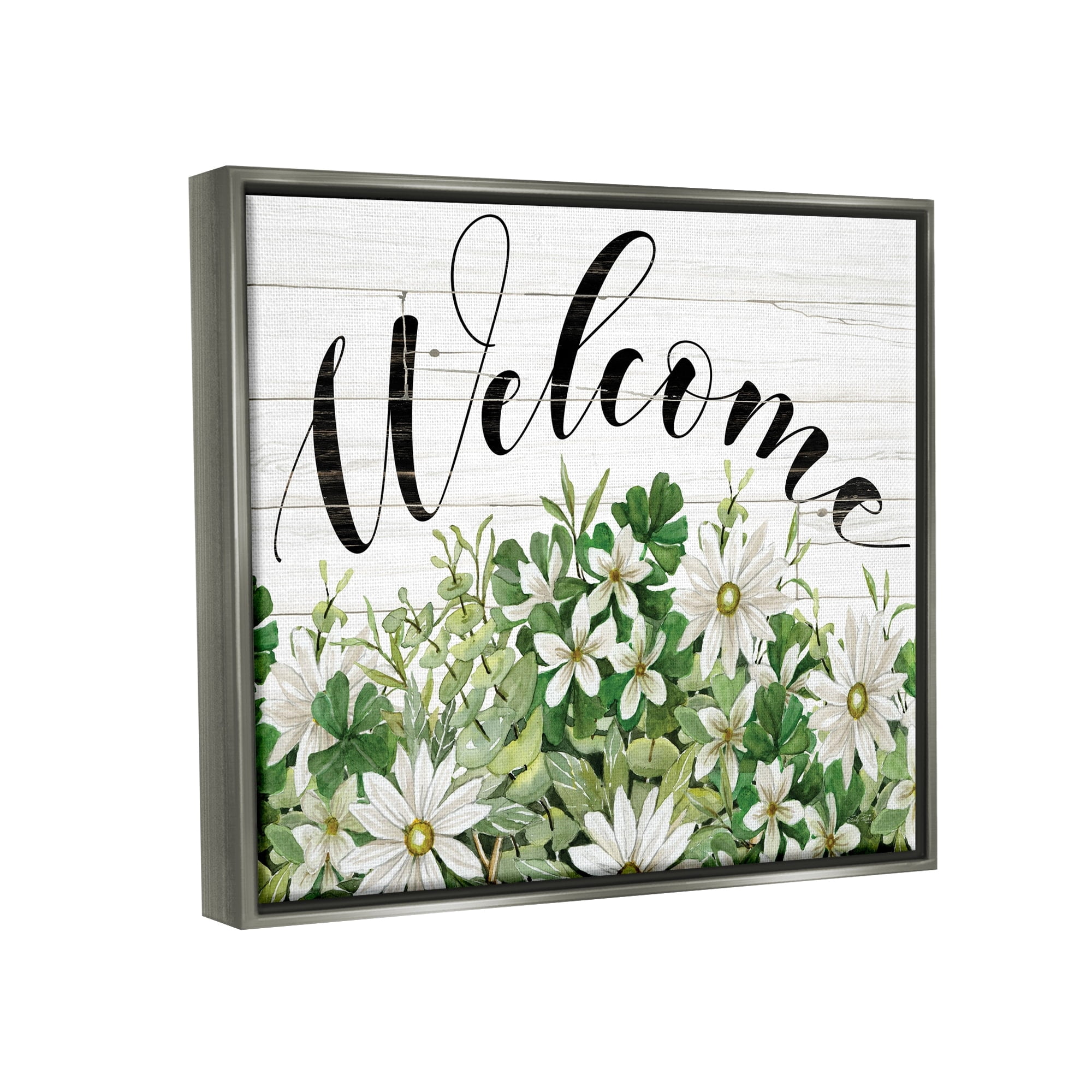 Stupell Industries Welcome Rustic Planked Sign White Flower Blossoms Graphic Art Luster Gray Floating Framed Canvas Print Wall Art, Design by Cindy Jacobs
