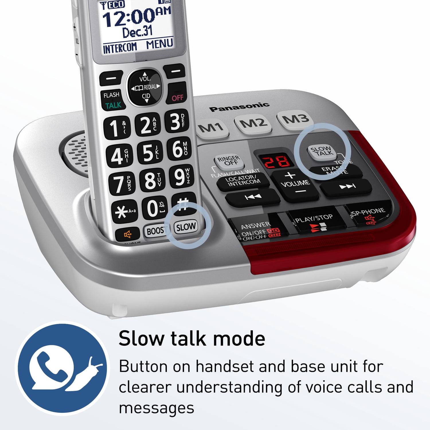 Panasonic DECT 6.0 Corded Cordless Amplified Phone with Answering Machine & Noise Reduction, Silver with Red Visual Ringer, KX-TGM450S