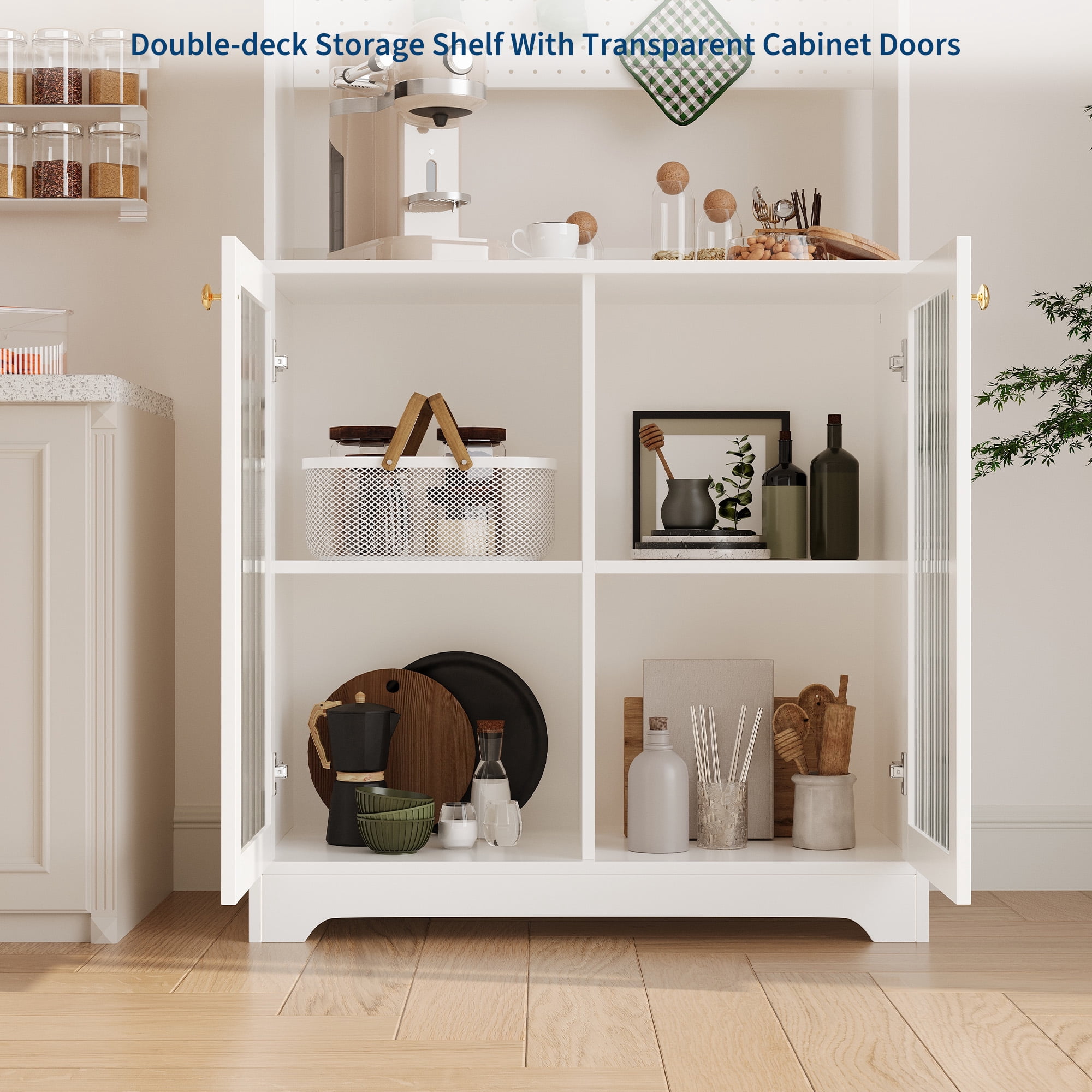 AOILE Tall Pantry Cabinet with Glass Doors & Shelves, Freestanding Kitchen Storage Organizer for Dining or Living Room