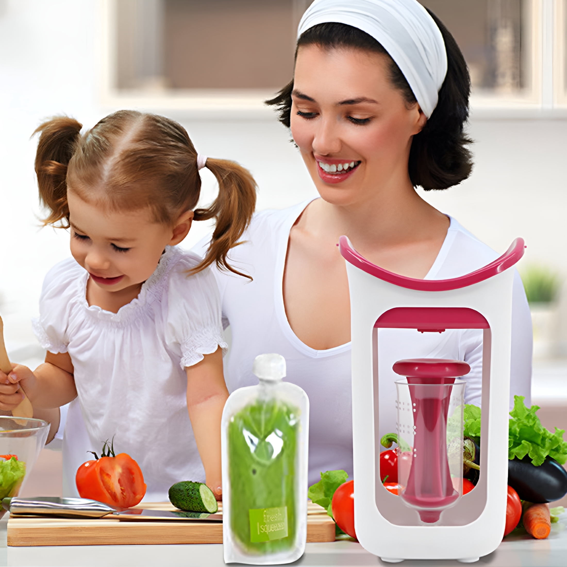 CURYMAY Baby Food Maker Puree Squeezer Station with 10 Reusable Storage Pouches-Manual Fruit Vegetable Blender for Homemade Baby Food-Portable, Dishwasher Safe, Non-Slip Base-Red/Blue
