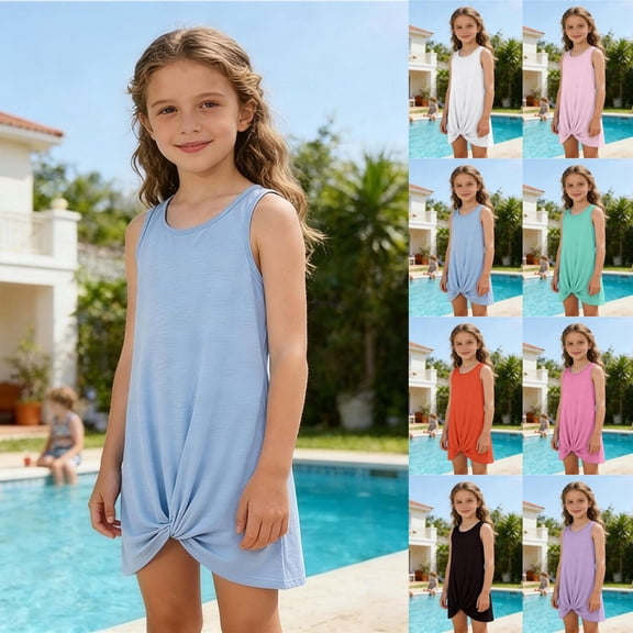 LRen Girls Sleeveless Ruffle Beach Dress Swim Cover Up Kids Summer Solid Color Swimsuit Soft Loose Coverup Twist Front Beach Dress