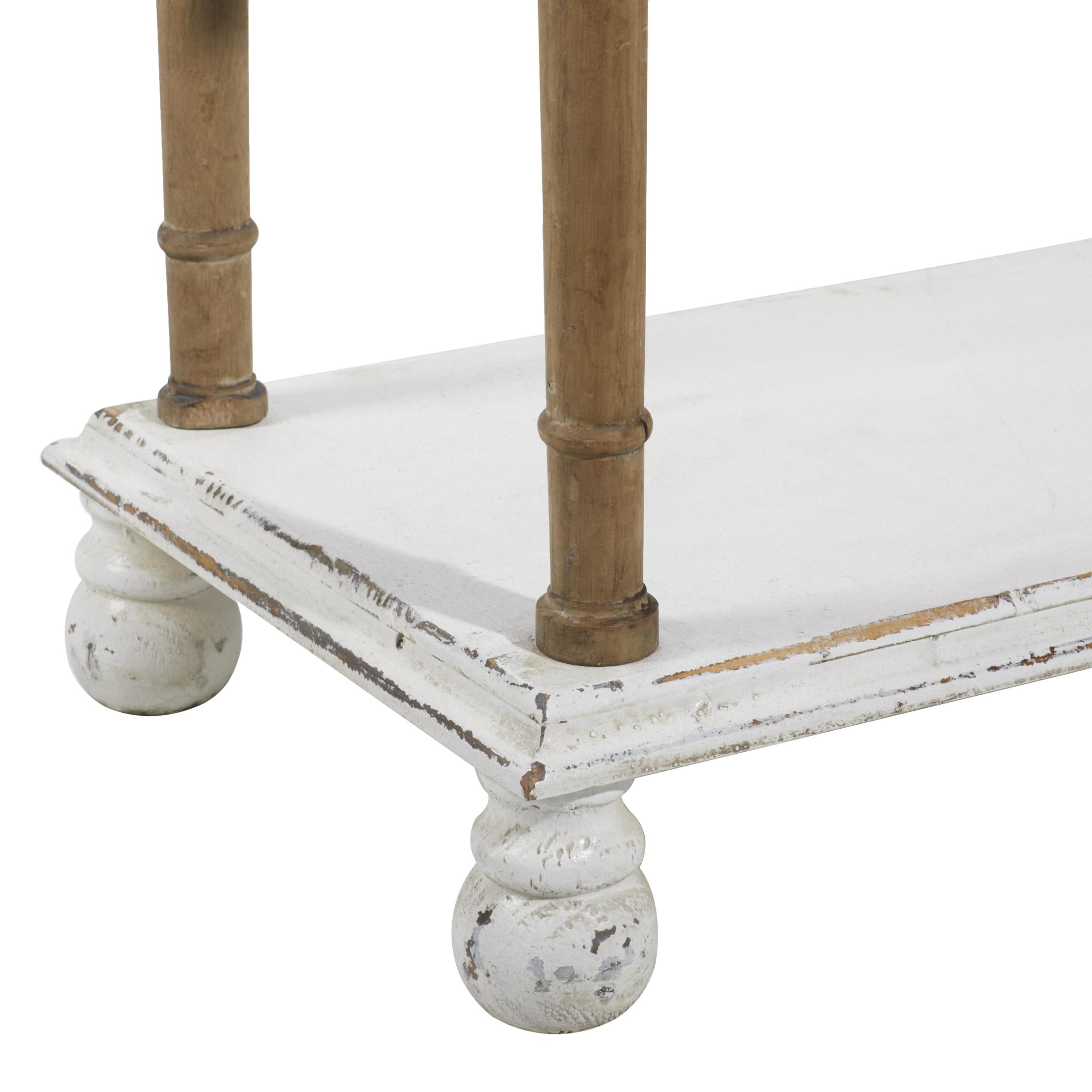 DecMode 37" x 75" White Wood Distressed Turned 5-Tier Shelving Unit with Brown Spindle Sides and Ball Feet, 1-Piece
