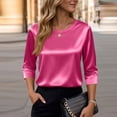 thumbnail image 4 of Hearthz Womens Silk Satin Tops 3/4 Length Sleeve Shirts Round Neck Loose Casual Blouses Business Work Dressy Tshirts Outfits,Pink XL, 4 of 6