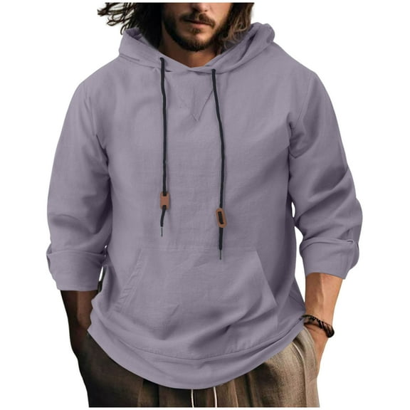 ZUKMRJPC Men's Linen Hooded Sweatshirt Lightweight Breathable Long Sleeve Drawstring Pullover Tops Solid Color Loose Fit Tops with Pocket