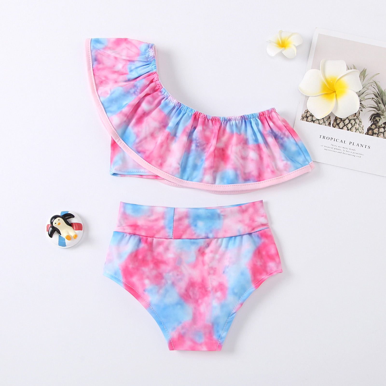 Qertyioot Little Girls Bikini Swimsuits Set Toddler Baby Tie Dye Ruffle Swimwear Shoulder Bathing Suit