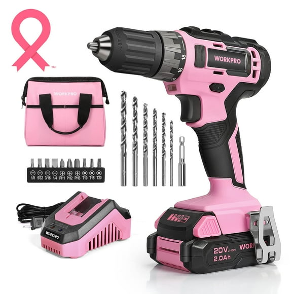 WORKPRO 20V Pink Cordless Drill Driver Set, 3/8â Keyless Chuck, 2.0 Ah Li-ion Battery, 1 Hour Fast Charger and 11-inch Storage Bag Included - Pink Ribbon