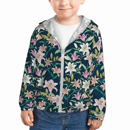 

Rash Guard for Boys Girls - Lilies Flowers Gorgeous Pink Lightweight Long Sleeve Sun Protection Jacket Hooded Cooling Swim Shirt with Zipper for Toddler Kids Children