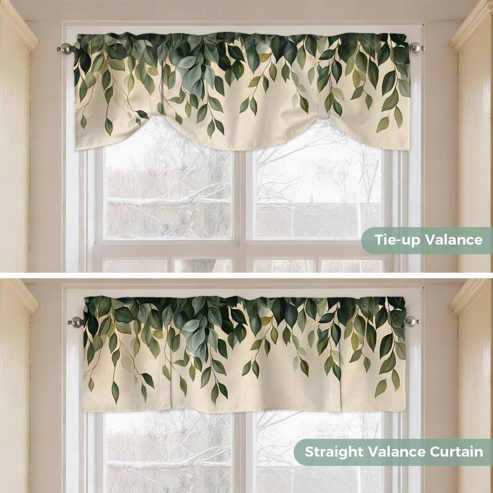Leaf Tie Up Valance for Windows, Vintage Spring Dark Green Leaves Branch Plant Linen Texture Adjustable Rod Pocket Tie Up Valance Curtains Window Treatment for Kitchen Bathroom Bedroom 54 X 18 Inch