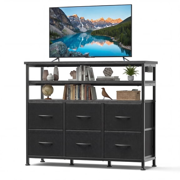 EDX 6-Drawer Fabric Dresser with Power Outlets and LED Light, TV stand for Bedroom, Living Room, Hallway, Black
