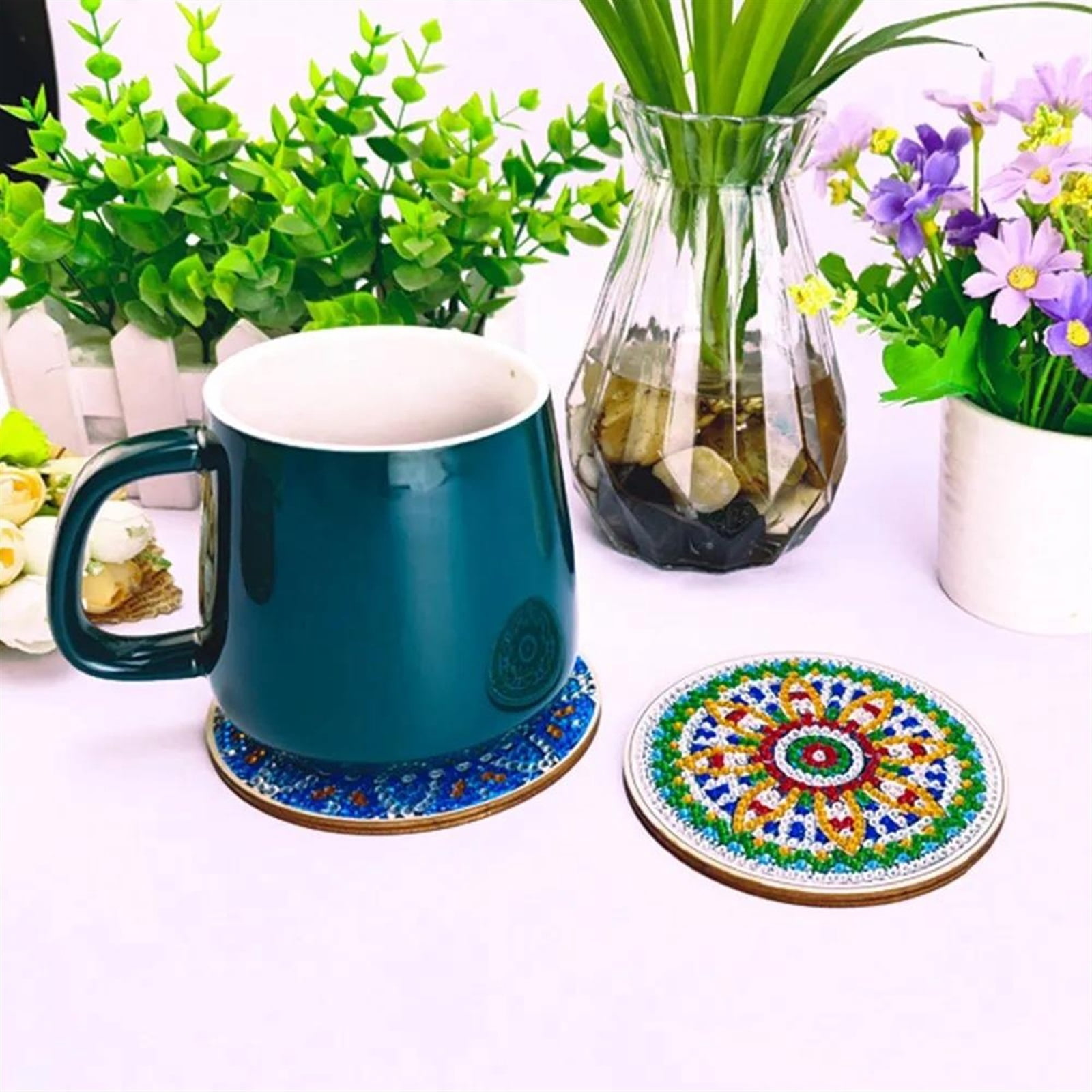 4Pcs/Set Vintage Diamond Painting Insulated Coasters Cups Abstract Datura Flowers Bohemian Printed Mats