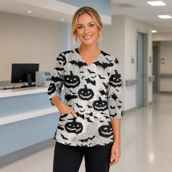 Women's Halloween Scrub Tops Skull Skeleton V Neck Horror Medical Uniform Spider Web Pumpkin 3/4 Sleeve Funny Medical Scrubs, 4XL