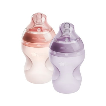 Tommee Tippee Baby Bottles, Natural Start Silicone Anti-Colic Bottle with Slow Flow Nipple, 9oz, 0m , Self-Sterilizing, Pink & Purple, Pack of 2